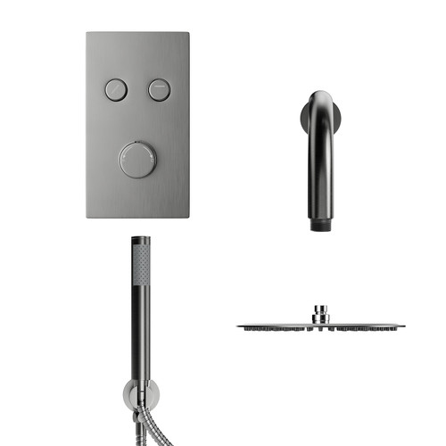 Colore Round Gunmetal Grey Concealed Push Button Twin Thermostatic Shower Valve Including 300mm Fixed Shower Head with Wall Arm and Shower Outlet Holder with Kit View from the Front
