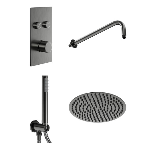 Colore Round Gunmetal Grey Concealed Push Button Twin Thermostatic Shower Valve Including 300mm Fixed Shower Head with Wall Arm and Shower Outlet Holder with Kit Left Hand View