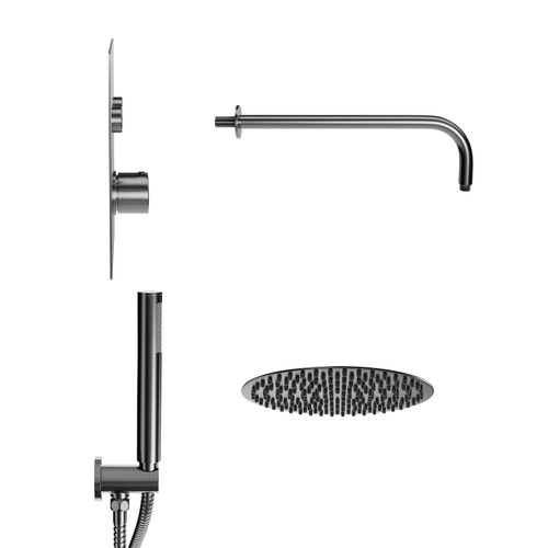 Colore Round Gunmetal Grey Concealed Push Button Twin Thermostatic Shower Valve Including 300mm Fixed Shower Head with Wall Arm and Shower Outlet Holder with Kit View from the Side
