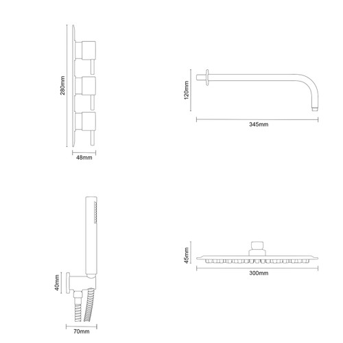 Colore Round Gunmetal Grey Concealed Triple Thermostatic Valve Mixer Shower Including 300mm Fixed Shower Head with Wall Arm and Shower Outlet Holder with Kit Dimensions