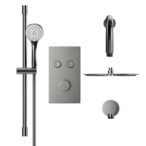 Colore Round Gunmetal Grey Concealed Push Button Twin Thermostatic Shower Valve Including 200mm Fixed Shower Head with Wall Arm and Slide Rail Kit View from the Front