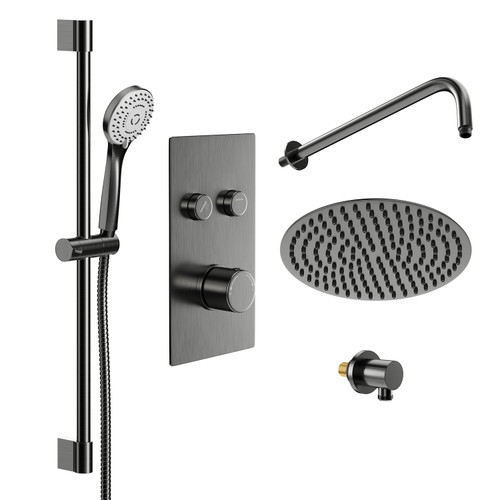 Colore Round Gunmetal Grey Concealed Push Button Twin Thermostatic Shower Valve Including 200mm Fixed Shower Head with Wall Arm and Slide Rail Kit Left Hand View