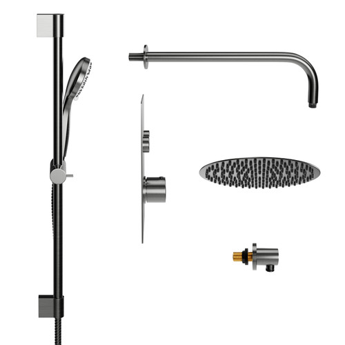 Colore Round Gunmetal Grey Concealed Push Button Twin Thermostatic Shower Valve Including 200mm Fixed Shower Head with Wall Arm and Slide Rail Kit View from the Side