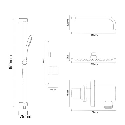 Colore Round Gunmetal Grey Concealed Push Button Twin Thermostatic Shower Valve Including 200mm Fixed Shower Head with Wall Arm and Slide Rail Kit Dimensions