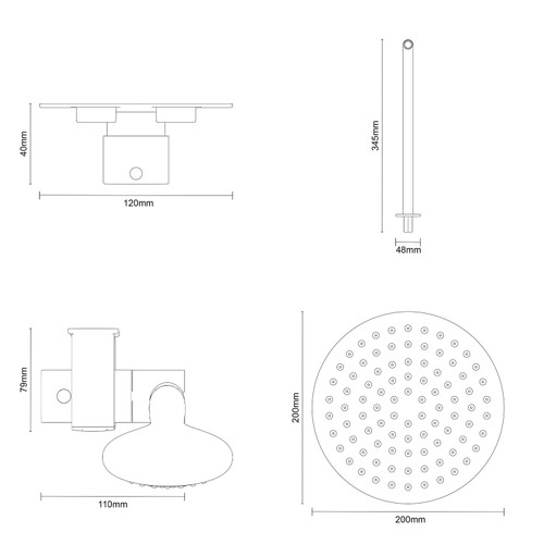 Colore Round Gunmetal Grey Concealed Push Button Twin Thermostatic Shower Valve Including 200mm Fixed Shower Head with Wall Arm and Slide Rail Kit Dimensions