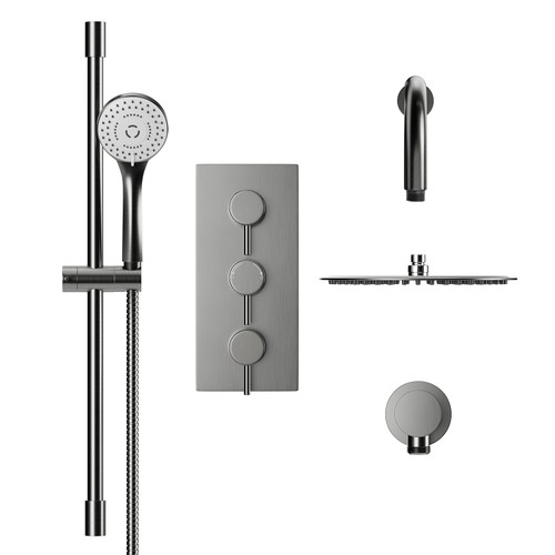Colore Round Gunmetal Grey Concealed Triple Thermostatic Shower Valve Including 200mm Fixed Shower Head with Wall Arm and Slide Rail Kit View from the Front
