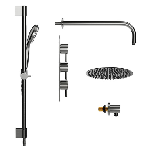 Colore Round Gunmetal Grey Concealed Triple Thermostatic Shower Valve Including 200mm Fixed Shower Head with Wall Arm and Slide Rail Kit View from the Side