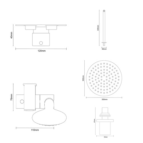 Colore Round Gunmetal Grey Concealed Triple Thermostatic Shower Valve Including 200mm Fixed Shower Head with Wall Arm and Slide Rail Kit Dimensions