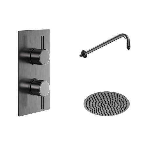 Colore Round Gunmetal Grey Concealed Twin Thermostatic Valve Mixer Shower Including 200mm Fixed Shower Head and Wall Arm Left Hand View