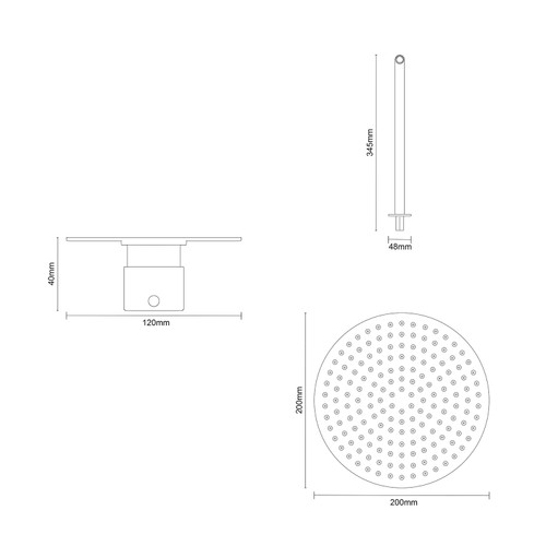 Colore Round Gunmetal Grey Concealed Twin Thermostatic Valve Mixer Shower Including 200mm Fixed Shower Head and Wall Arm Dimensions