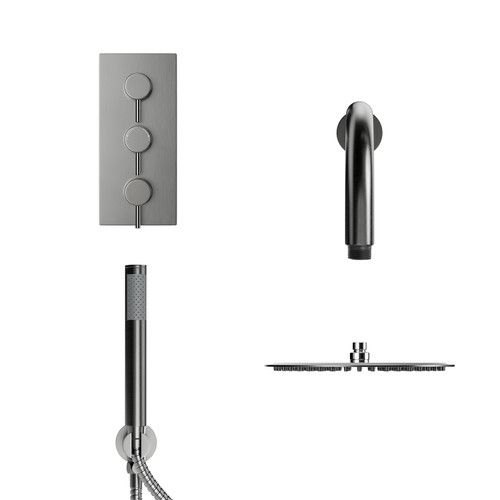 Colore Round Gunmetal Grey Concealed Triple Thermostatic Valve Mixer Shower Including 200mm Fixed Shower Head with Wall Arm and Shower Outlet Holder with Kit View from the Front