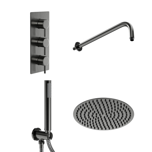 Colore Round Gunmetal Grey Concealed Triple Thermostatic Valve Mixer Shower Including 200mm Fixed Shower Head with Wall Arm and Shower Outlet Holder with Kit Left Hand View