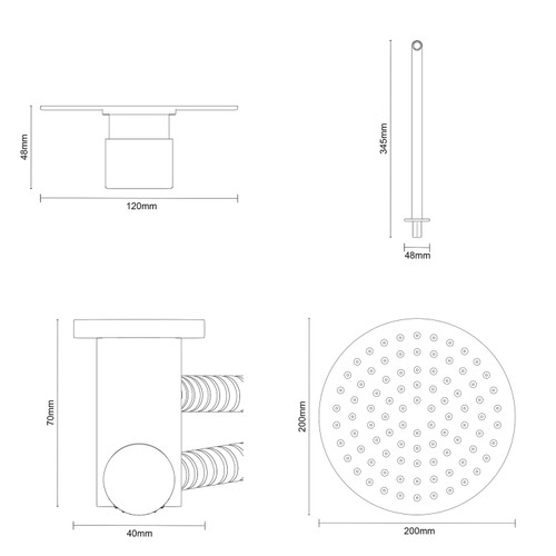 Colore Round Gunmetal Grey Concealed Triple Thermostatic Valve Mixer Shower Including 200mm Fixed Shower Head with Wall Arm and Shower Outlet Holder with Kit Dimensions