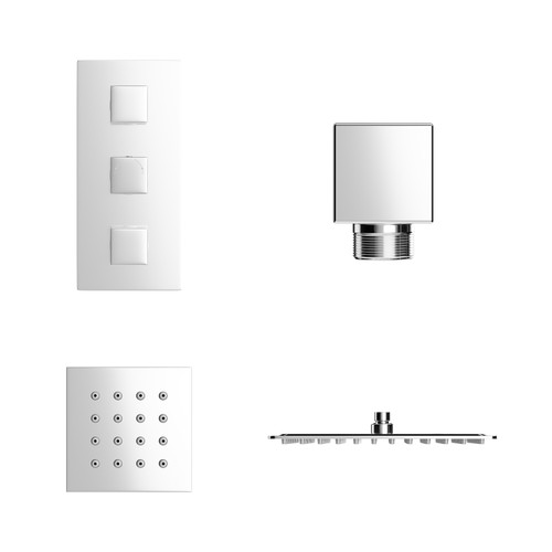 Cubix Polished Chrome Concealed Triple Thermostatic Valve Mixer Shower with Square Fixed Head and Body Jets View from the Front