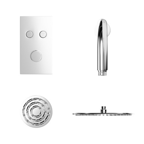 Circo Polished Chrome Concealed Push Button Twin Thermostatic Shower Valve with Round Fixed Shower Head and Body Jets View from the Front