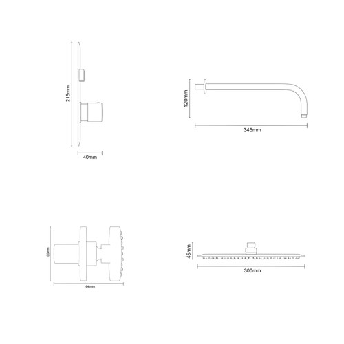 Circo Polished Chrome Concealed Push Button Twin Thermostatic Shower Valve with Round Fixed Shower Head and Body Jets Dimensions