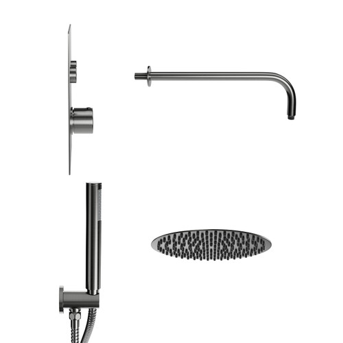 Colore Round Gunmetal Grey Concealed Push Button Twin Thermostatic Shower Valve Including 200mm Fixed Shower Head with Wall Arm and Shower Outlet Holder with Kit View from the Side