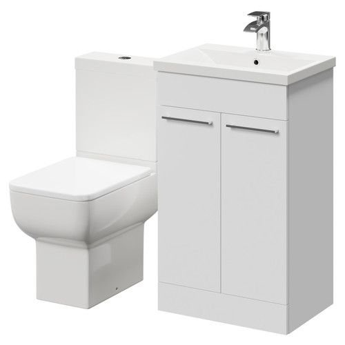 Alessio Gloss White 500mm Vanity Unit and Toilet Suite including Open Back Toilet and Floor Standing Vanity Unit with 2 Doors and Polished Chrome Handles Right Hand View