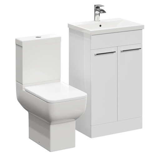 Alessio Gloss White 500mm Vanity Unit and Toilet Suite including Open Back Toilet and Floor Standing Vanity Unit with 2 Doors and Polished Chrome Handles Left Hand View