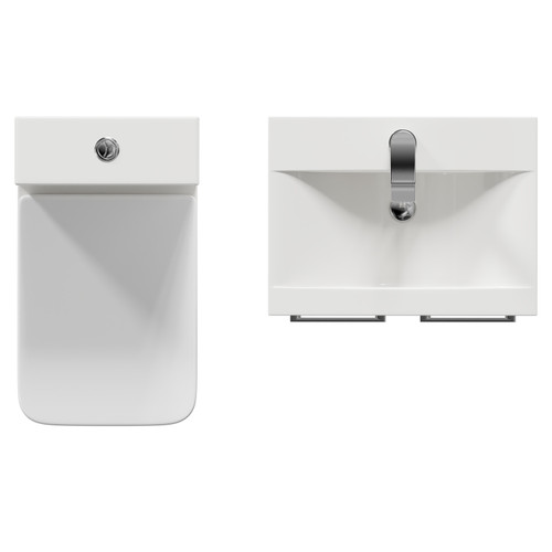 Alessio Gloss White 500mm Vanity Unit and Toilet Suite including Open Back Toilet and Floor Standing Vanity Unit with 2 Doors and Polished Chrome Handles Top View