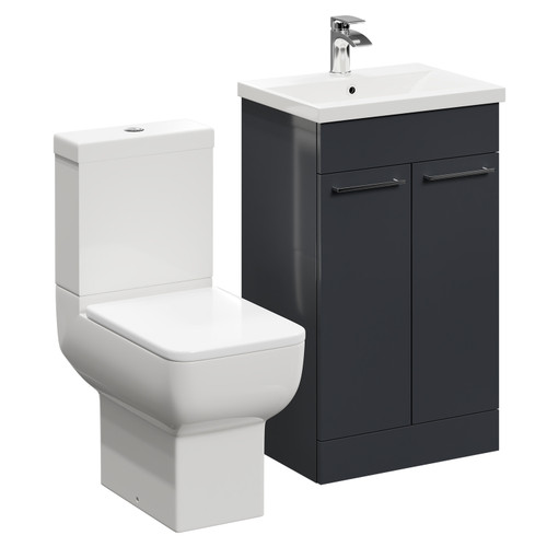 Alessio Gloss Grey 500mm Vanity Unit and Toilet Suite including Open Back Toilet and Floor Standing Vanity Unit with 2 Doors and Polished Chrome Handles Left Hand View