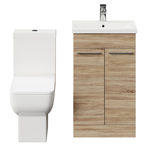 Alessio Bordalino Oak 500mm Vanity Unit and Toilet Suite including Open Back Toilet and Floor Standing Vanity Unit with 2 Doors and Polished Chrome Handles Front View