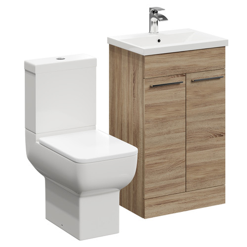 Alessio Bordalino Oak 500mm Vanity Unit and Toilet Suite including Open Back Toilet and Floor Standing Vanity Unit with 2 Doors and Polished Chrome Handles Left Hand View