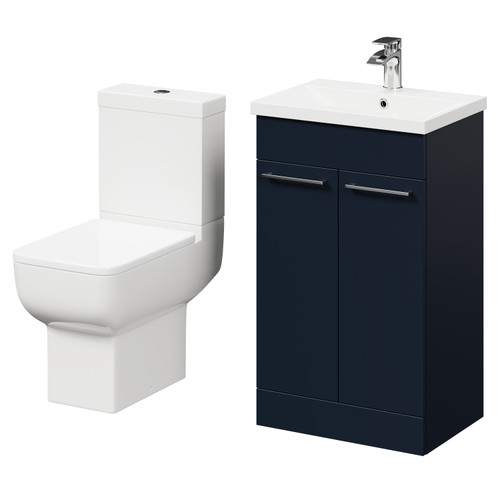 Alessio Deep Blue 500mm Vanity Unit and Toilet Suite including Open Back Toilet and Floor Standing Vanity Unit with 2 Doors and Polished Chrome Handles Right Hand View