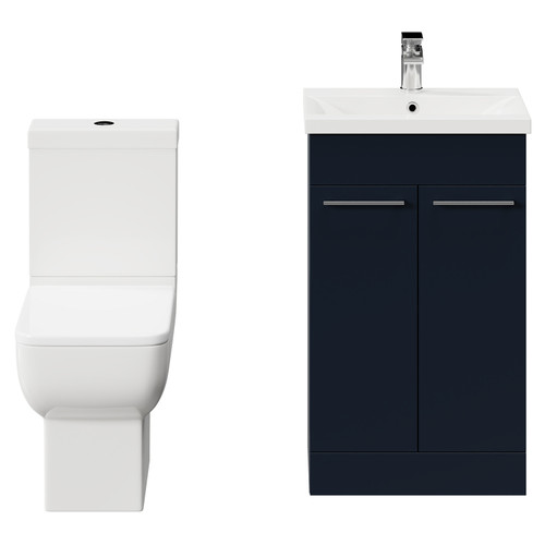 Alessio Deep Blue 500mm Vanity Unit and Toilet Suite including Open Back Toilet and Floor Standing Vanity Unit with 2 Doors and Polished Chrome Handles Front View