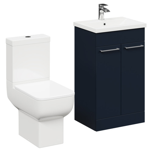 Alessio Deep Blue 500mm Vanity Unit and Toilet Suite including Open Back Toilet and Floor Standing Vanity Unit with 2 Doors and Polished Chrome Handles Left Hand View