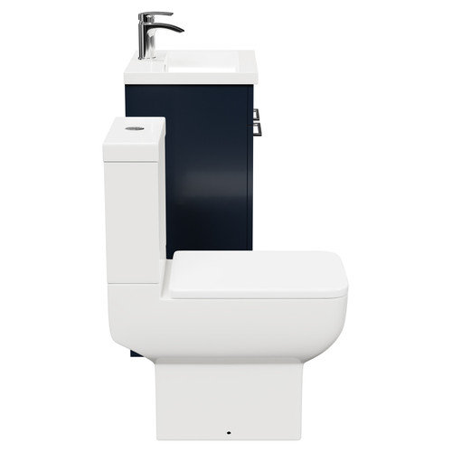 Alessio Deep Blue 500mm Vanity Unit and Toilet Suite including Open Back Toilet and Floor Standing Vanity Unit with 2 Doors and Polished Chrome Handles Side View