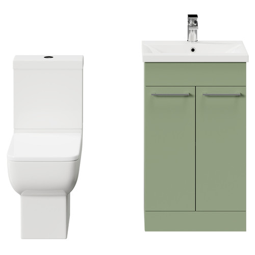 Alessio Olive Green 500mm Vanity Unit and Toilet Suite including Open Back Toilet and Floor Standing Vanity Unit with 2 Doors and Polished Chrome Handles Front View