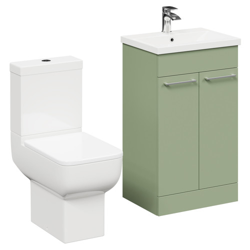 Alessio Olive Green 500mm Vanity Unit and Toilet Suite including Open Back Toilet and Floor Standing Vanity Unit with 2 Doors and Polished Chrome Handles Left Hand View