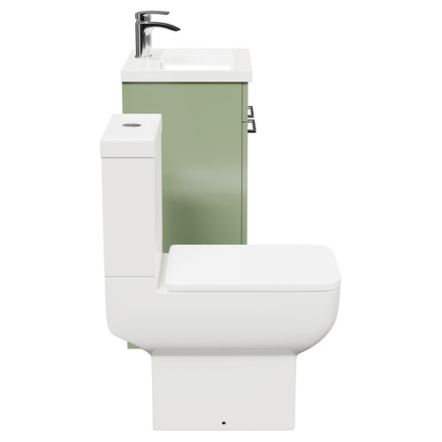 Alessio Olive Green 500mm Vanity Unit and Toilet Suite including Open Back Toilet and Floor Standing Vanity Unit with 2 Doors and Polished Chrome Handles Side View