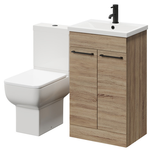 Alessio Bordalino Oak 500mm Vanity Unit and Toilet Suite including Open Back Toilet and Floor Standing Vanity Unit with 2 Doors and Matt Black Handles Right Hand View