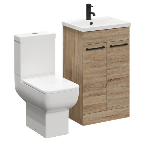 Alessio Bordalino Oak 500mm Vanity Unit and Toilet Suite including Open Back Toilet and Floor Standing Vanity Unit with 2 Doors and Matt Black Handles Left Hand View