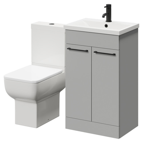 Alessio Gloss Grey Pearl 500mm Vanity Unit and Toilet Suite including Open Back Toilet and Floor Standing Vanity Unit with 2 Doors and Matt Black Handles Right Hand View