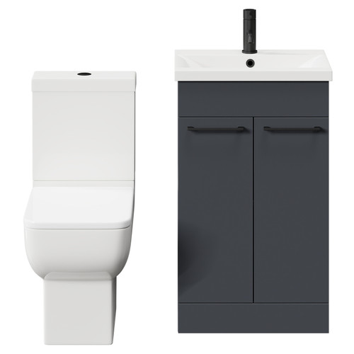 Alessio Gloss Grey 500mm Vanity Unit and Toilet Suite including Open Back Toilet and Floor Standing Vanity Unit with 2 Doors and Matt Black Handles Front View