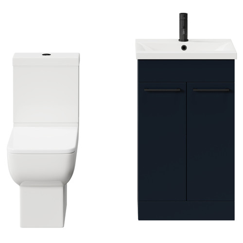 Alessio Deep Blue 500mm Vanity Unit and Toilet Suite including Open Back Toilet and Floor Standing Vanity Unit with 2 Doors and Matt Black Handles Front View