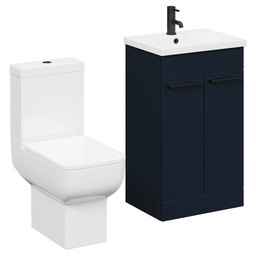 Alessio Deep Blue 500mm Vanity Unit and Toilet Suite including Open Back Toilet and Floor Standing Vanity Unit with 2 Doors and Matt Black Handles Left Hand View