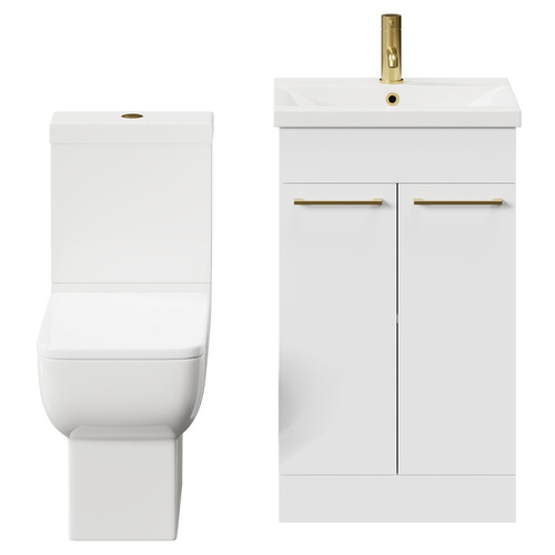 Alessio Gloss White 500mm Vanity Unit and Toilet Suite including Open Back Toilet and Floor Standing Vanity Unit with 2 Doors and Brushed Brass Handles Front View