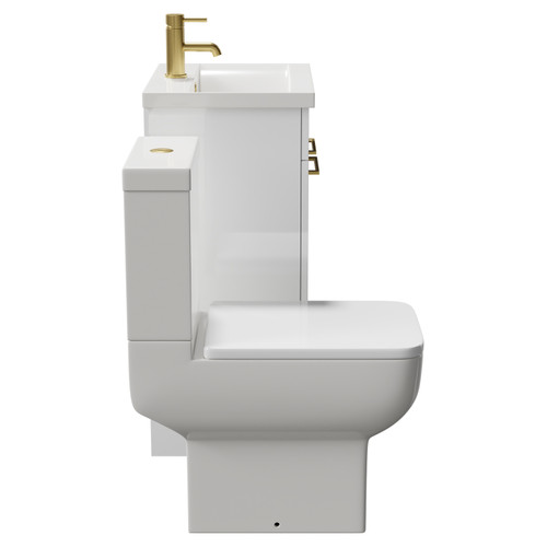 Alessio Gloss White 500mm Vanity Unit and Toilet Suite including Open Back Toilet and Floor Standing Vanity Unit with 2 Doors and Brushed Brass Handles Side View