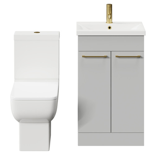 Alessio Gloss Grey Pearl 500mm Vanity Unit and Toilet Suite including Open Back Toilet and Floor Standing Vanity Unit with 2 Doors and Brushed Brass Handles Front View