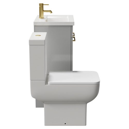 Alessio Gloss Grey Pearl 500mm Vanity Unit and Toilet Suite including Open Back Toilet and Floor Standing Vanity Unit with 2 Doors and Brushed Brass Handles Side View