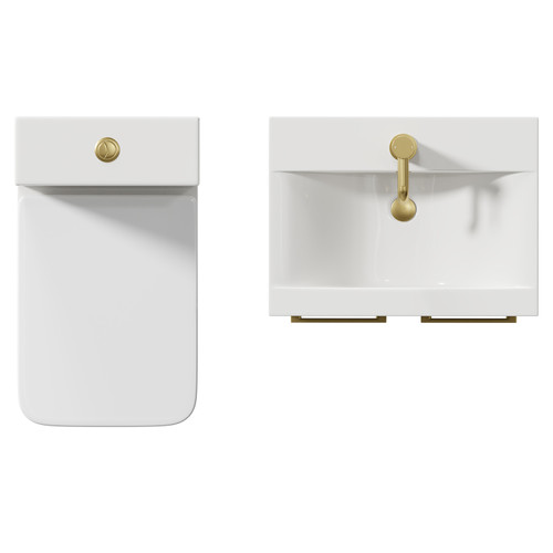 Alessio Gloss Grey Pearl 500mm Vanity Unit and Toilet Suite including Open Back Toilet and Floor Standing Vanity Unit with 2 Doors and Brushed Brass Handles Top View