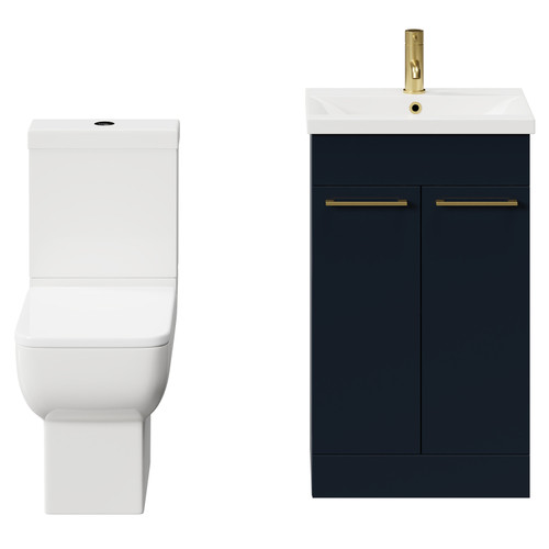 Alessio Deep Blue 500mm Vanity Unit and Toilet Suite including Open Back Toilet and Floor Standing Vanity Unit with 2 Doors and Brushed Brass Handles Front View