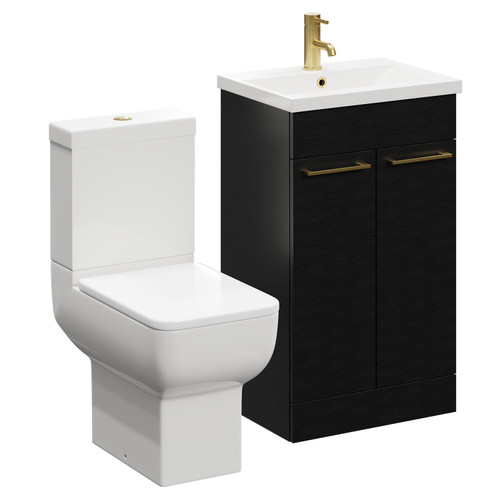 Alessio Nero Oak 500mm Vanity Unit and Toilet Suite including Open Back Toilet and Floor Standing Vanity Unit with 2 Doors and Brushed Brass Handles Left Hand View