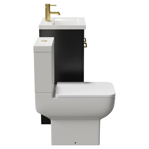Alessio Nero Oak 500mm Vanity Unit and Toilet Suite including Open Back Toilet and Floor Standing Vanity Unit with 2 Doors and Brushed Brass Handles Side View
