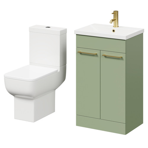 Alessio Olive Green 500mm Vanity Unit and Toilet Suite including Open Back Toilet and Floor Standing Vanity Unit with 2 Doors and Brushed Brass Handles Right Hand View