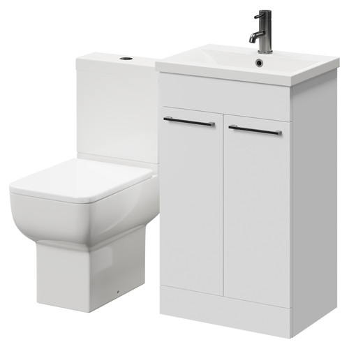 Alessio Gloss White 500mm Vanity Unit and Toilet Suite including Open Back Toilet and Floor Standing Vanity Unit with 2 Doors and Gunmetal Grey Handles Right Hand View